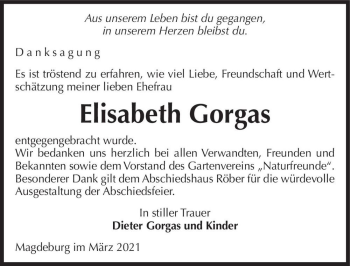 Traueranzeige von Elisabeth Gorgas  von Magdeburger Volksstimme