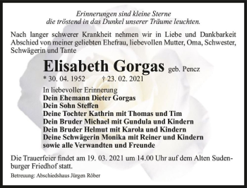 Traueranzeige von Elisabeth Gorgas (geb. Pencz)  von Magdeburger Volksstimme