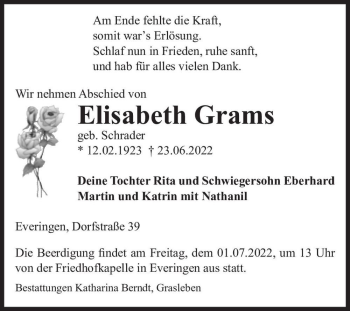 Traueranzeige von Elisabeth Grams (geb. Schrader)  von Magdeburger Volksstimme