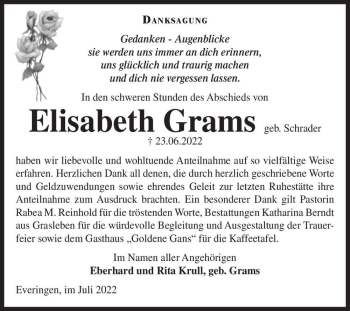 Traueranzeige von Elisabeth Grams (geb. Schrader)  von Magdeburger Volksstimme