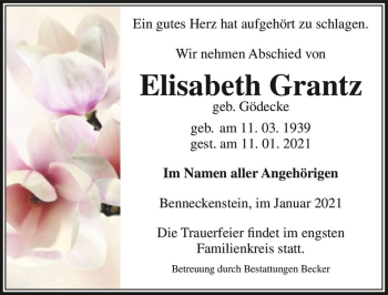 Traueranzeige von Elisabeth Grantz (geb. Gödecke)  von Magdeburger Volksstimme