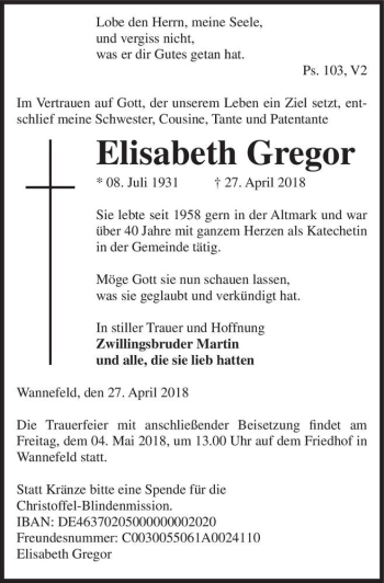 Traueranzeige von Elisabeth Gregor  von Magdeburger Volksstimme