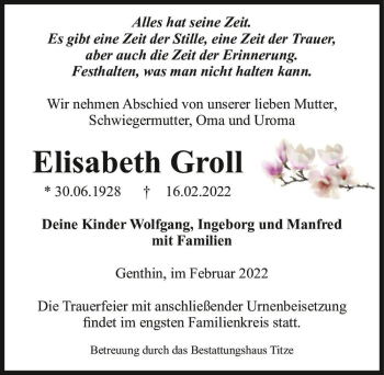 Traueranzeige von Elisabeth Groll  von Magdeburger Volksstimme