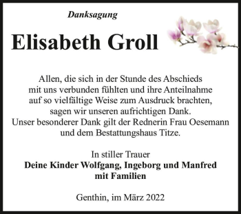 Traueranzeige von Elisabeth Groll  von Magdeburger Volksstimme