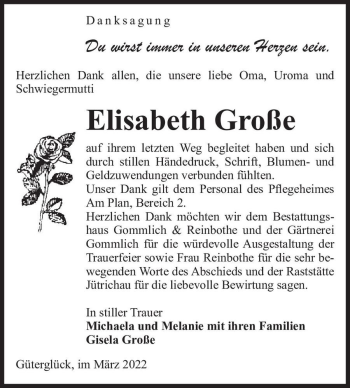 Traueranzeige von Elisabeth Große  von Magdeburger Volksstimme