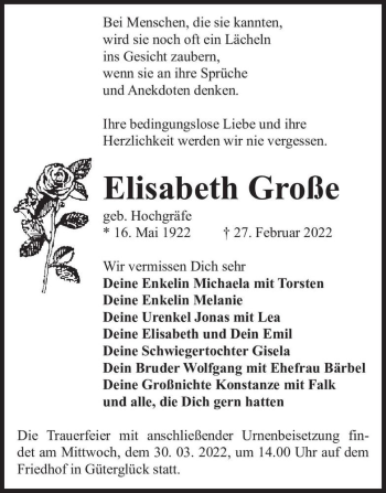 Traueranzeige von Elisabeth Große (geb. Hochgräfe)  von Magdeburger Volksstimme