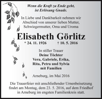 Traueranzeige von Elisabeth Görlitz  von Magdeburger Volksstimme