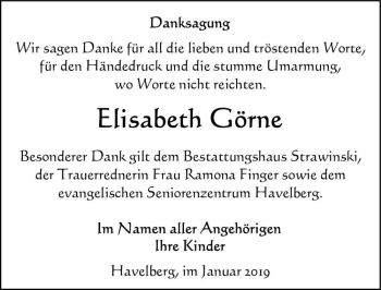 Traueranzeige von Elisabeth Görne  von Magdeburger Volksstimme