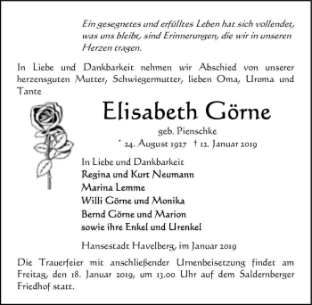 Traueranzeige von Elisabeth Görne (geb. Pienschke)  von Magdeburger Volksstimme
