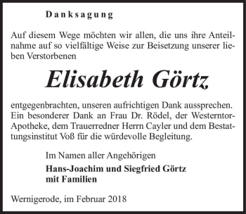 Traueranzeige von Elisabeth Görtz  von Magdeburger Volksstimme