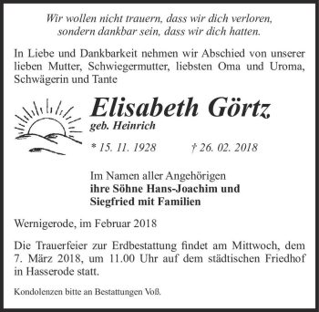 Traueranzeige von Elisabeth Görtz (geb. Heinrich)  von Magdeburger Volksstimme