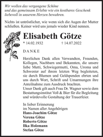 Traueranzeige von Elisabeth Götze  von Magdeburger Volksstimme