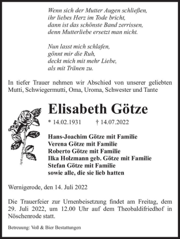 Traueranzeige von Elisabeth Götze  von Magdeburger Volksstimme
