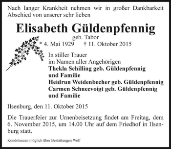Traueranzeige von Elisabeth Güldenpfennig (geb. Tabor)  von Magdeburger Volksstimme