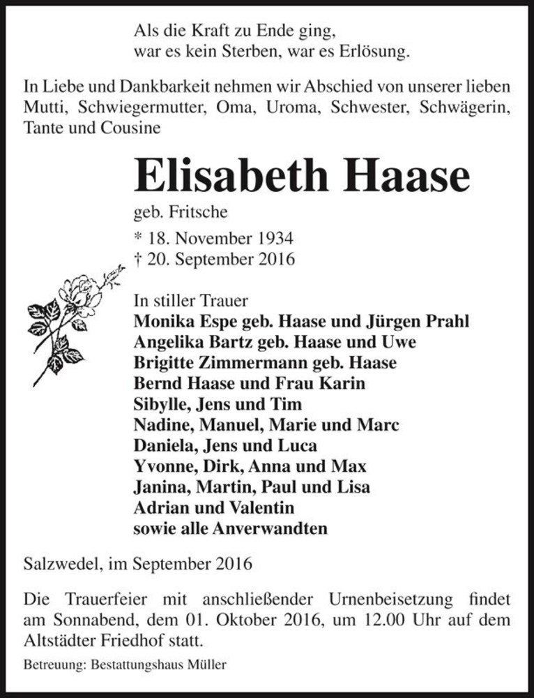  Traueranzeige für Elisabeth Haase (geb. Fritsche)  vom 22.09.2016 aus Magdeburger Volksstimme