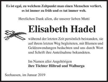 Traueranzeige von Elisabeth Hadel  von Magdeburger Volksstimme