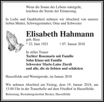Traueranzeige von Elisabeth Hahmann (geb. Hase)  von Magdeburger Volksstimme