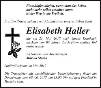 Traueranzeige von Elisabeth Haller  von Magdeburger Volksstimme