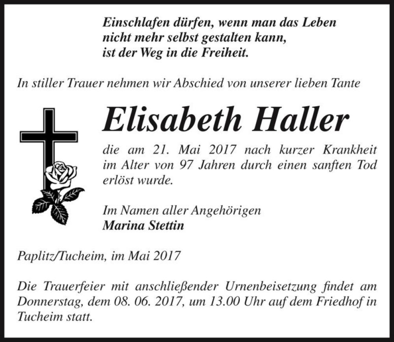  Traueranzeige für Elisabeth Haller  vom 27.05.2017 aus Magdeburger Volksstimme