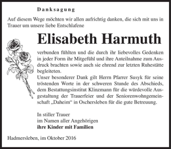 Traueranzeige von Elisabeth Harmuth  von Magdeburger Volksstimme