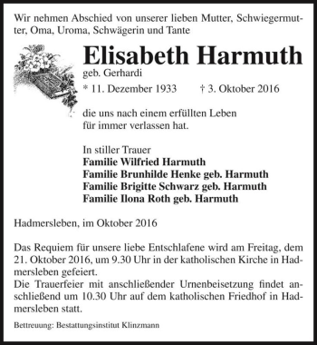 Traueranzeige von Elisabeth Harmuth (geb. Gerhardi)  von Magdeburger Volksstimme