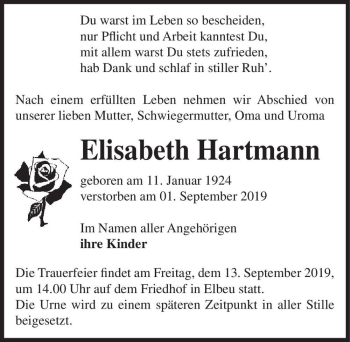 Traueranzeige von Elisabeth Hartmann  von Magdeburger Volksstimme