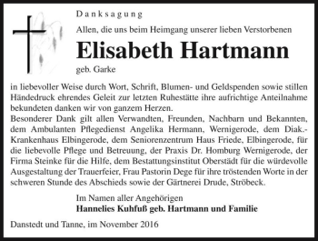 Traueranzeige von Elisabeth Hartmann (geb. Garke)  von Magdeburger Volksstimme