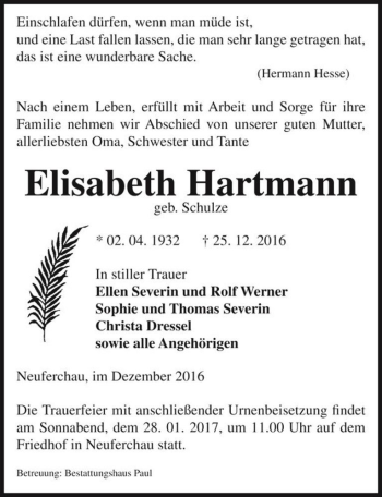 Traueranzeige von Elisabeth Hartmann (geb. Schulze)  von Magdeburger Volksstimme