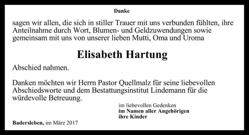  Traueranzeige für Elisabeth Hartung  vom 06.04.2017 aus Magdeburger Volksstimme