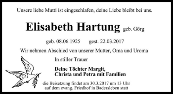 Traueranzeige von Elisabeth Hartung (geb. Görg)  von Magdeburger Volksstimme
