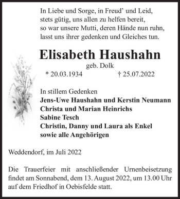 Traueranzeige von Elisabeth Haushahn (geb. Dolk)  von Magdeburger Volksstimme
