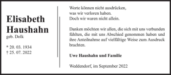 Traueranzeige von Elisabeth Haushahn (geb. Dolk)  von Magdeburger Volksstimme