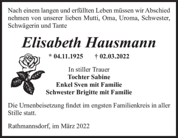 Traueranzeige von Elisabeth Hausmann  von Magdeburger Volksstimme