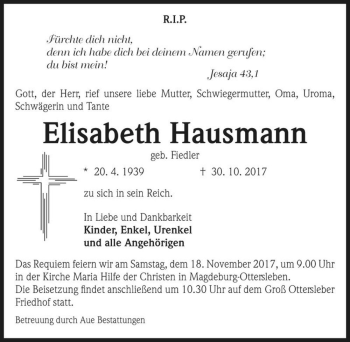 Traueranzeige von Elisabeth Hausmann (geb. Fiedler)  von Magdeburger Volksstimme
