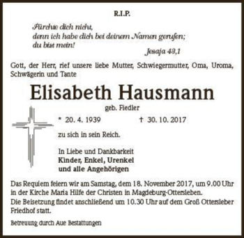 Traueranzeige von Elisabeth Hausmann (geb. Fiedler)  von Magdeburger Volksstimme