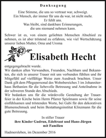 Traueranzeige von Elisabeth Hecht  von Magdeburger Volksstimme