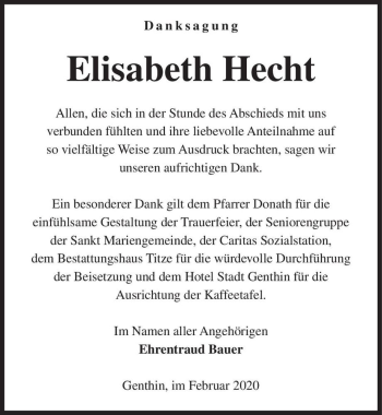Traueranzeige von Elisabeth Hecht  von Magdeburger Volksstimme