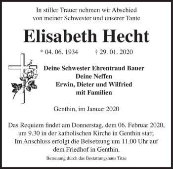 Traueranzeige von Elisabeth Hecht  von Magdeburger Volksstimme