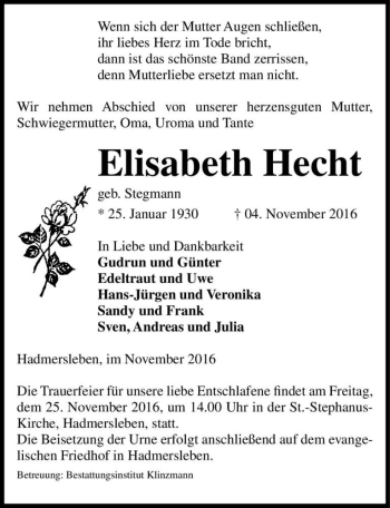 Traueranzeige von Elisabeth Hecht (geb. Stegmann)  von Magdeburger Volksstimme