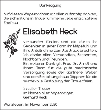 Traueranzeige von Elisabeth Heck  von Magdeburger Volksstimme