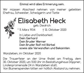 Traueranzeige von Elisabeth Heck (geb. Diedrich)  von Magdeburger Volksstimme