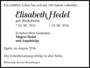 Traueranzeige von Elisabeth Hedel (geb. Böckelmann)  von Magdeburger Volksstimme