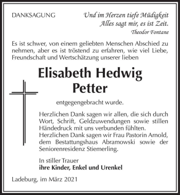 Traueranzeige von Elisabeth Hedwig Petter  von Magdeburger Volksstimme