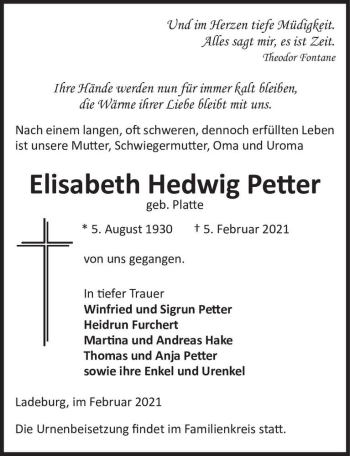 Traueranzeige von Elisabeth Hedwig Petter (geb. Platte)  von Magdeburger Volksstimme
