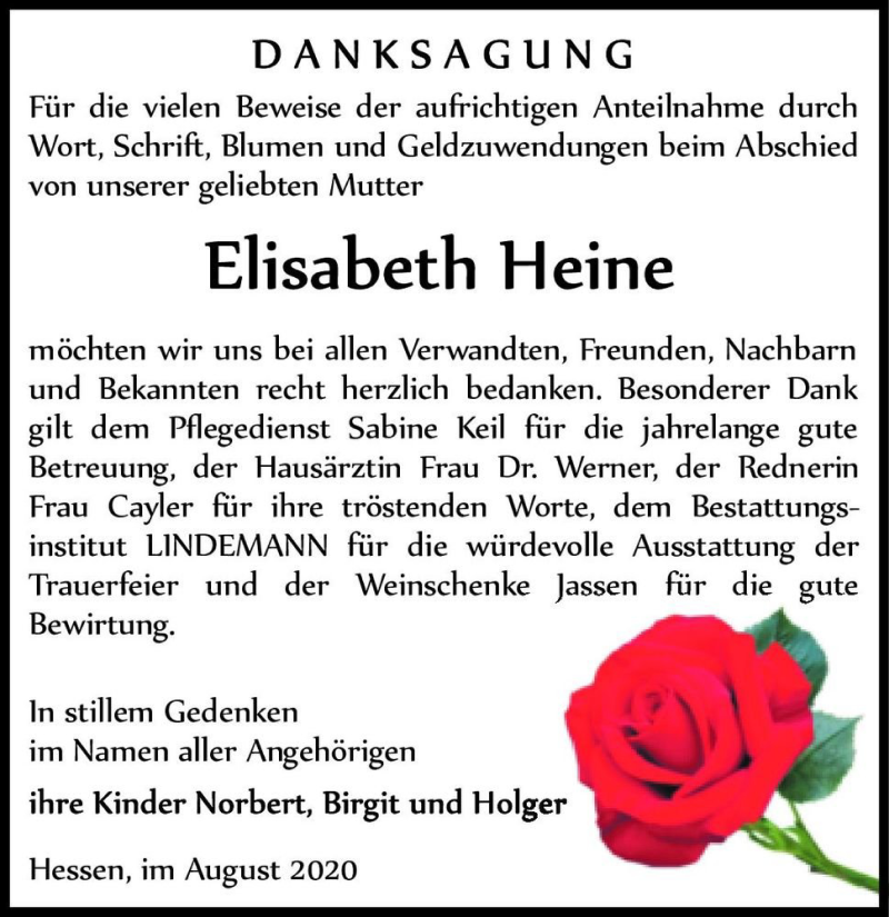  Traueranzeige für Elisabeth Heine  vom 29.08.2020 aus Magdeburger Volksstimme