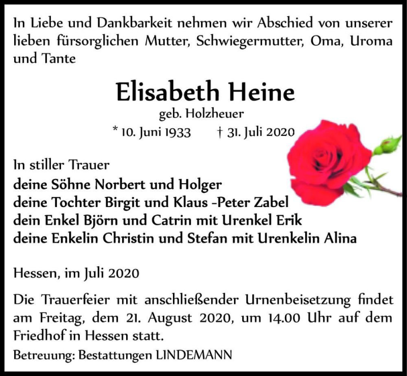  Traueranzeige für Elisabeth Heine (geb. Holzheuer)  vom 08.08.2020 aus Magdeburger Volksstimme