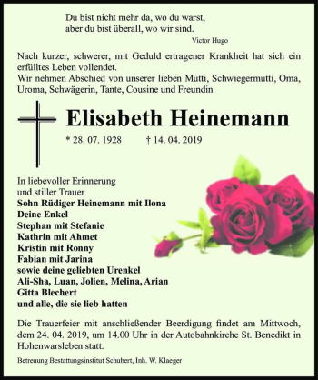 Traueranzeige von Elisabeth Heinemann  von Magdeburger Volksstimme