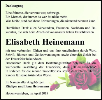 Traueranzeige von Elisabeth Heinemann  von Magdeburger Volksstimme