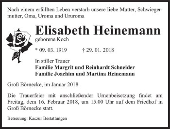 Traueranzeige von Elisabeth Heinemann (geb. Koch)  von Magdeburger Volksstimme