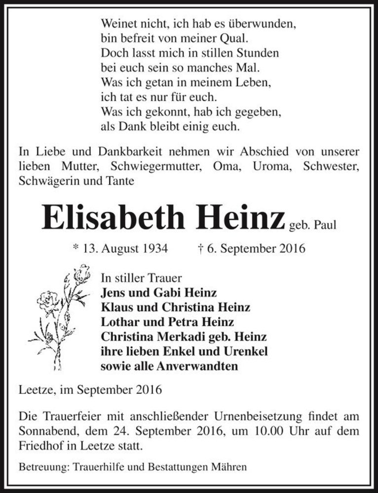  Traueranzeige für Elisabeth Heinz (geb. Paul)  vom 09.09.2016 aus Magdeburger Volksstimme